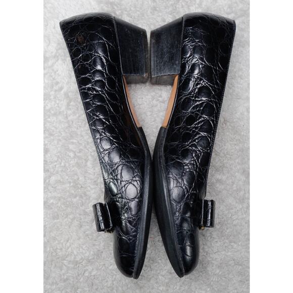 Salvatore Ferragamo Vara Black Croc Embossed Bow Leather Pumps Classic Womens 8 - Picture 4 of 14
